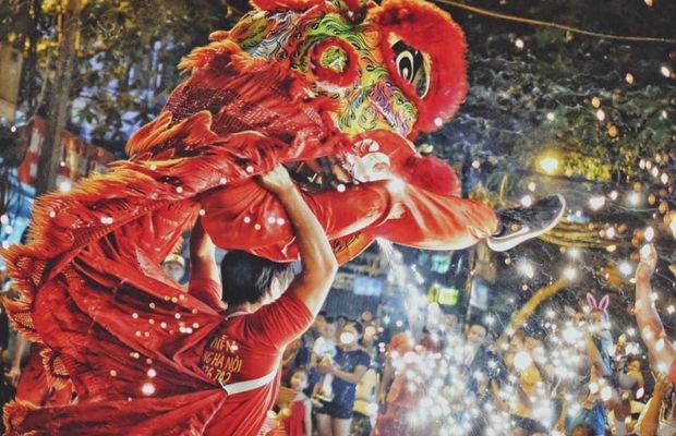 Lion dance in the Mid-Autumn Festival in Vietnam